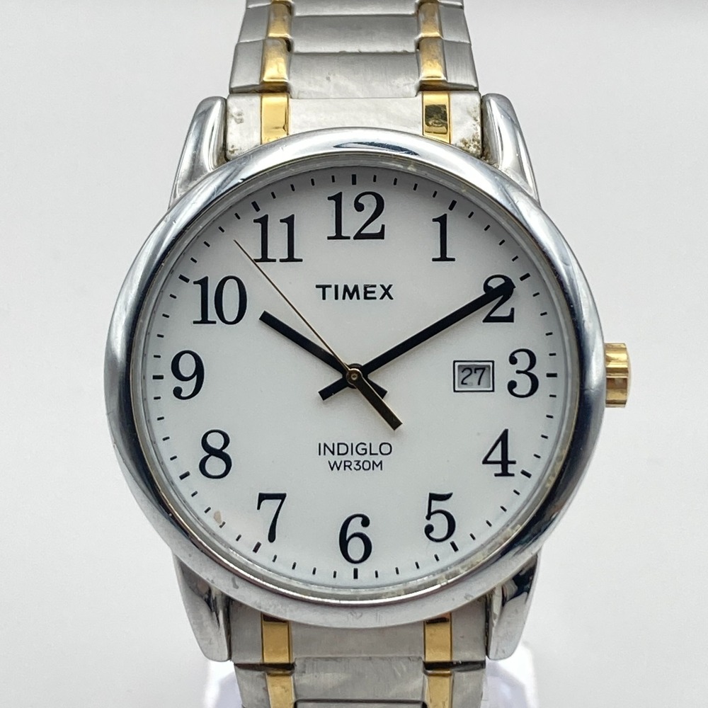 Timex Easy Reader Mens Watch 38mm Silver Gold Tone Indiglo Date Stretch New Batt